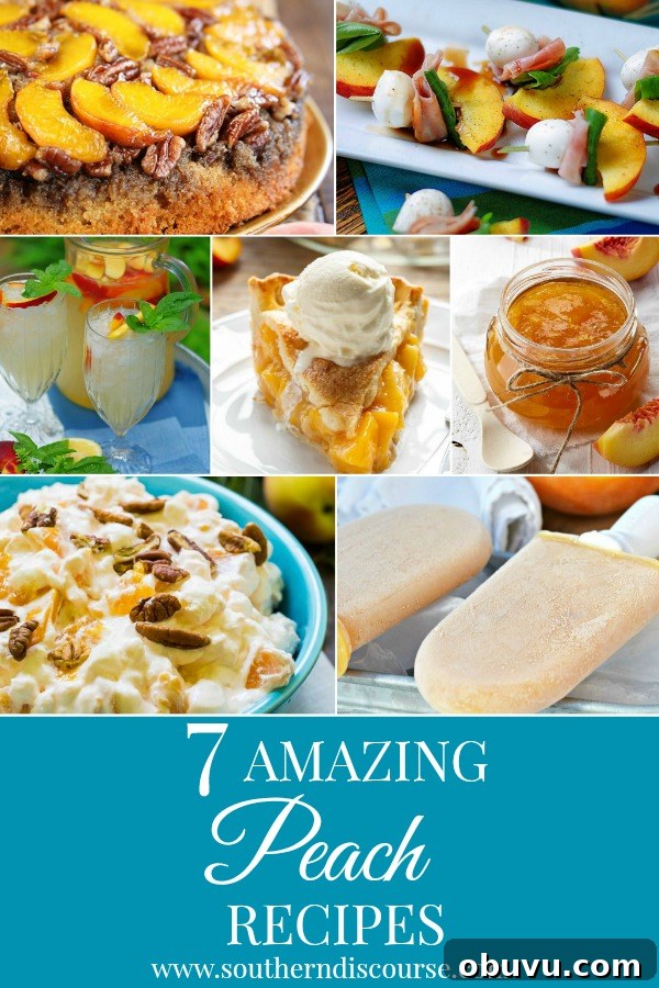 7 amazing ways to enjoy peaches this summer with 3 bonus peach recipes!  From classic to new, enjoy these delicious ways to enjoy fresh peaches this summer!  #southerndiscourse #southernsummer #summer #peaches #peachpie #peachdesserts