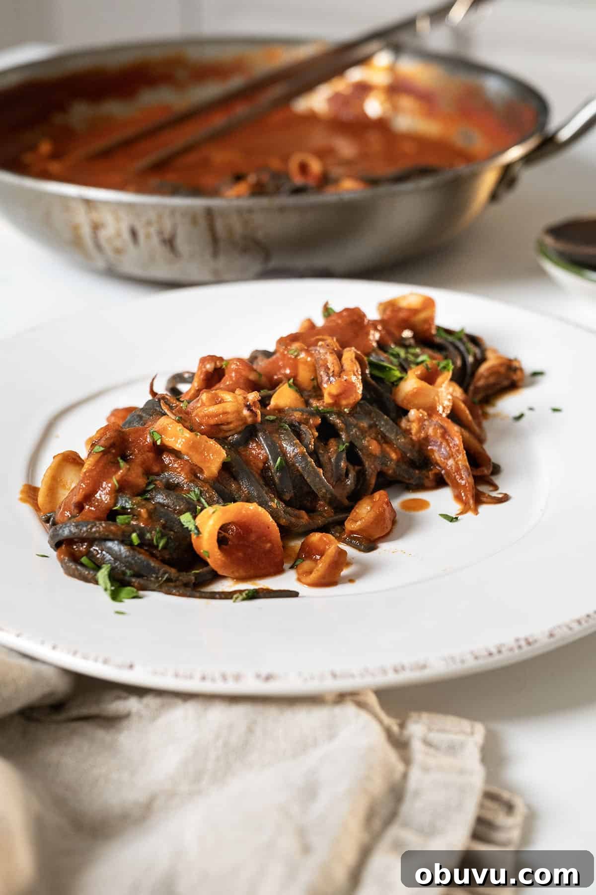 Black Squid Ink Pasta with Tender Calamari and Garlic Wine Sauce 2 Squid ink pasta with calamari on a plate.