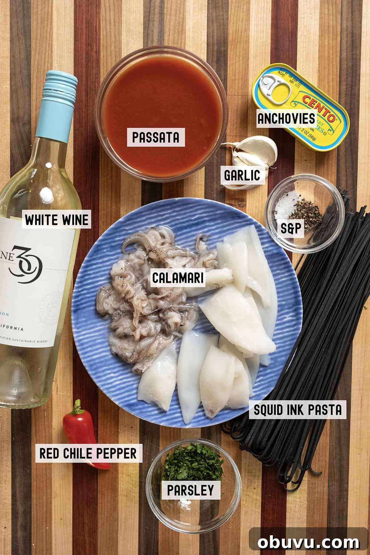 Black Squid Ink Pasta with Tender Calamari and Garlic Wine Sauce 3 Ingredients for the recipe.