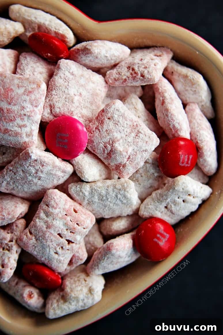 Valentine’s Day Puppy Chow Recipe with Free Printable Tag 4 Valentine's Day Puppy Chow on crunchycreamysweet.com