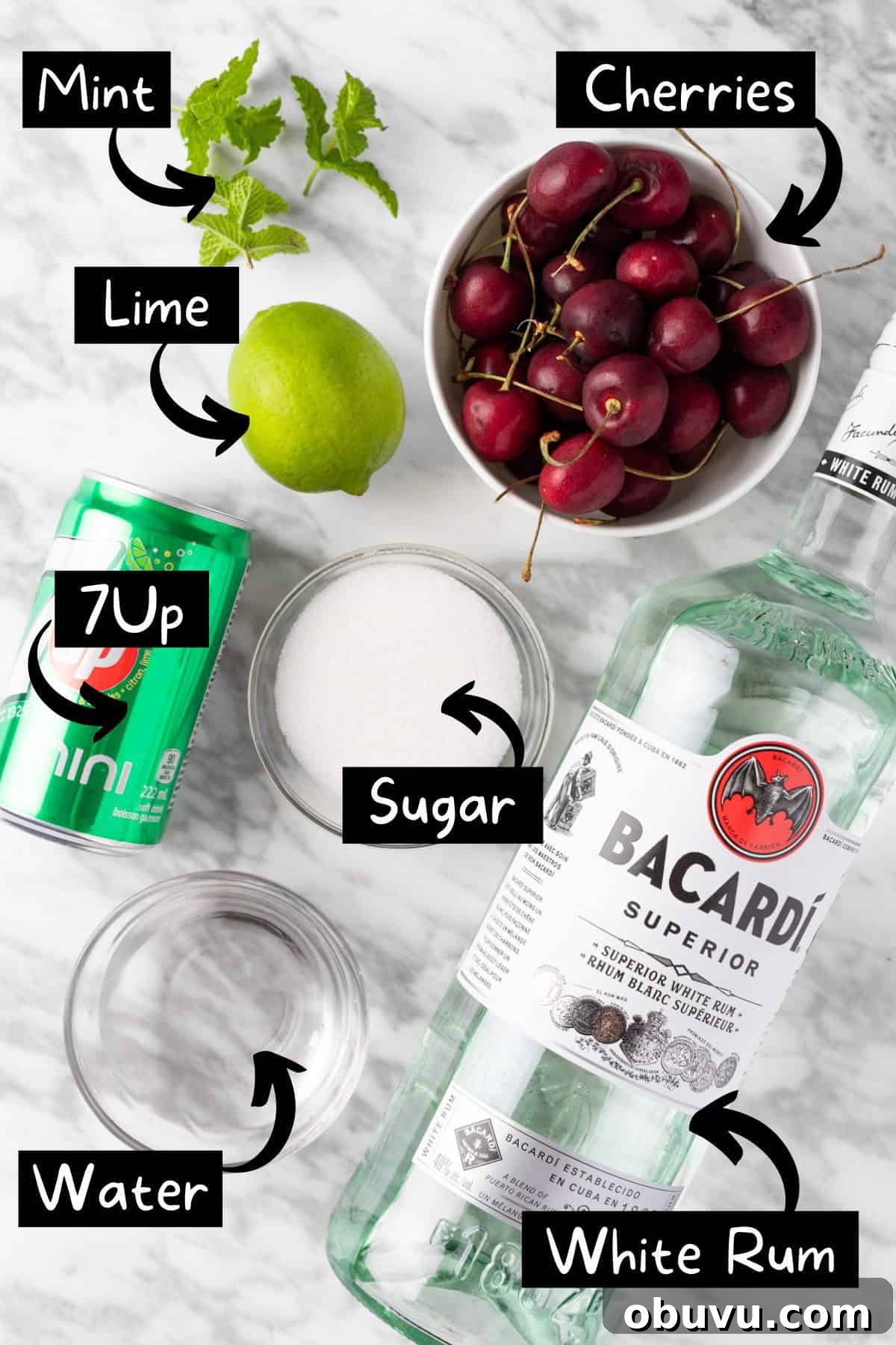 The ingredients needed to make the black cherry mojitos.