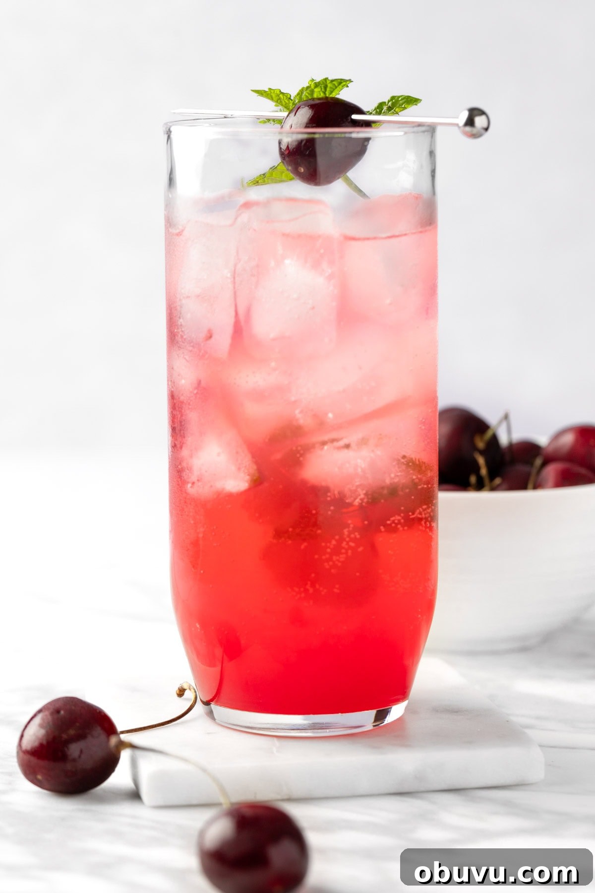 A black cherry mojito on a white background.
