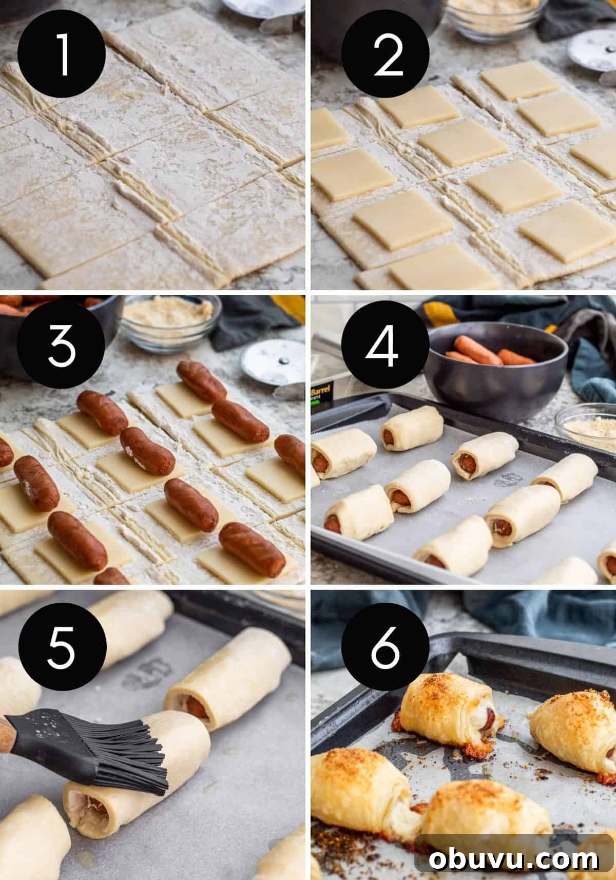 Cheesy Puff Pastry Pigs in a Blanket Recipe 4 Six image collage of prep for pigs in a blanket.