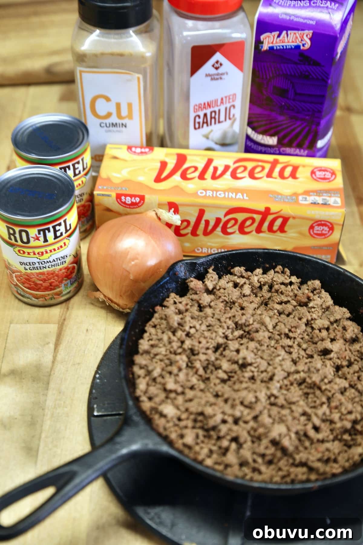 Ingredients for Venison Queso Velveeta and venison queso ingredients.