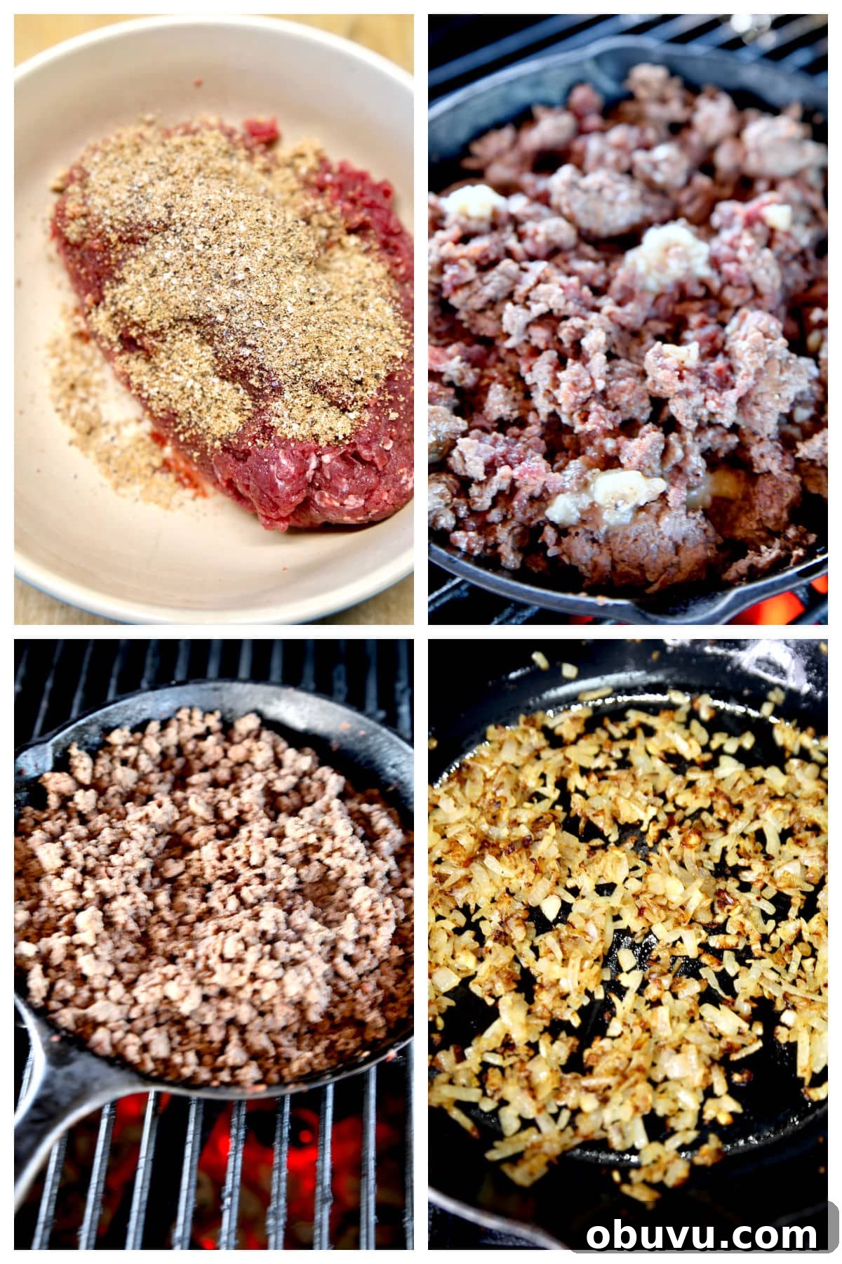 Venison Queso - easy appetizer. Collage: Cooking ground venison and onions for queso.