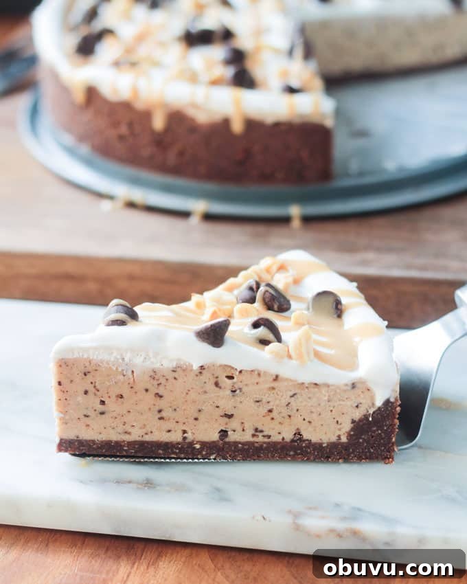 Frozen Peanut Butter Chocolate Chip Pie Slice of Chocolate Peanut Butter Frozen Pie on a white marble slab.