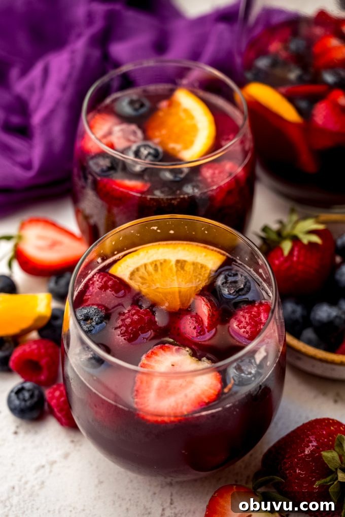 Berry Sangria and Berry Mocktail Recipes for Every Occasion 18 Two glasses of berry sangria on a surface.