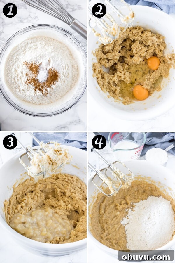 Moist Banana Bundt Cake Recipe for Perfectly Tender Loaf 4 Step by Step photos showing the stages of how to make banana bundt cake