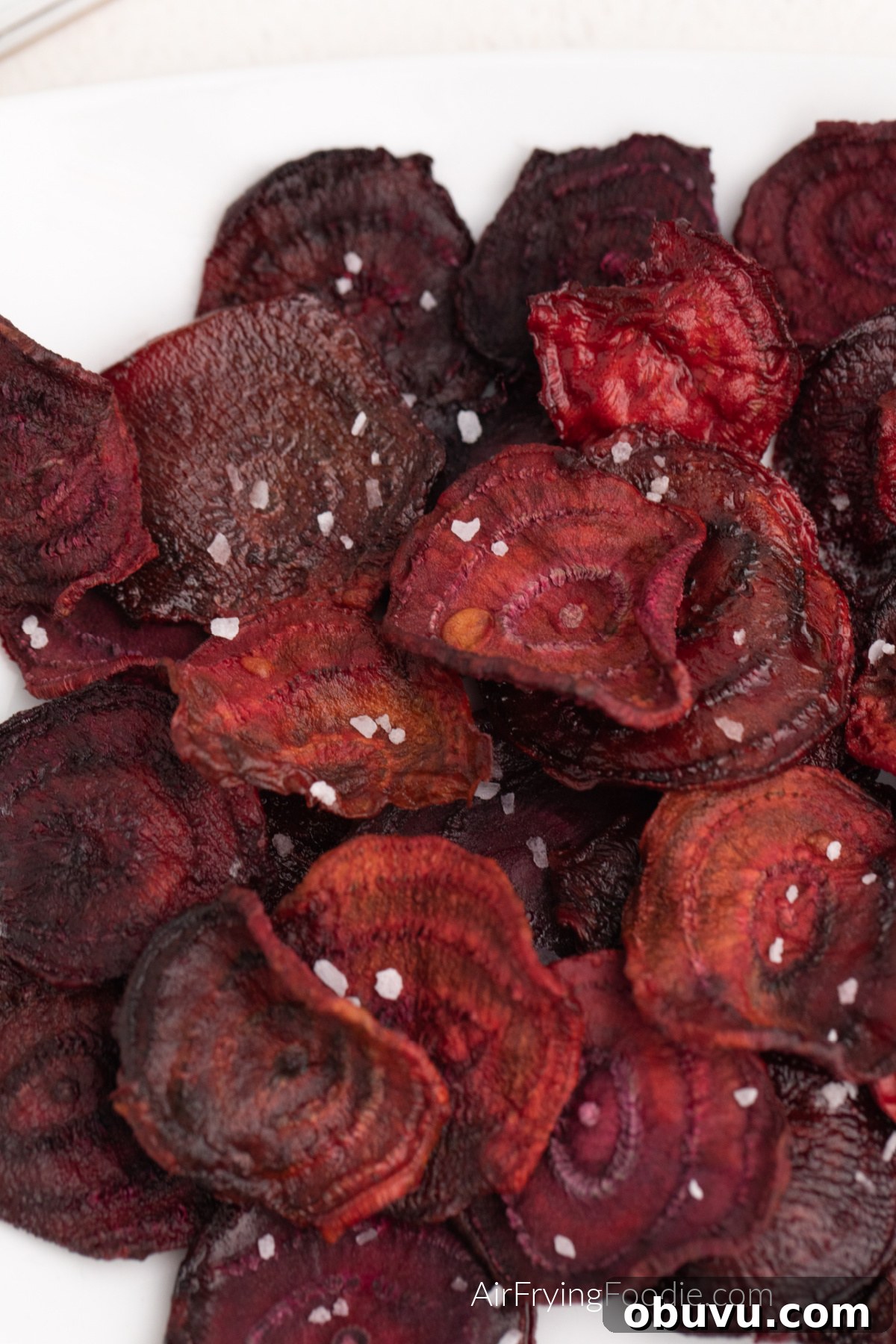 Crispy Air Fryer Beet Chips Recipe: Quick Homemade Snack 9 Close up photos of air fried beet chips on a white plate and topped with kosher salt.