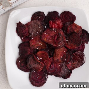 Crispy Air Fryer Beet Chips Recipe: Quick Homemade Snack 10 Overhead shot of beet chips made in the air fryer, served on a white plate, and topped with kosher salt.