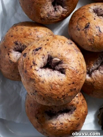 A stack of Sourdough Discard Blueberry Bagels.