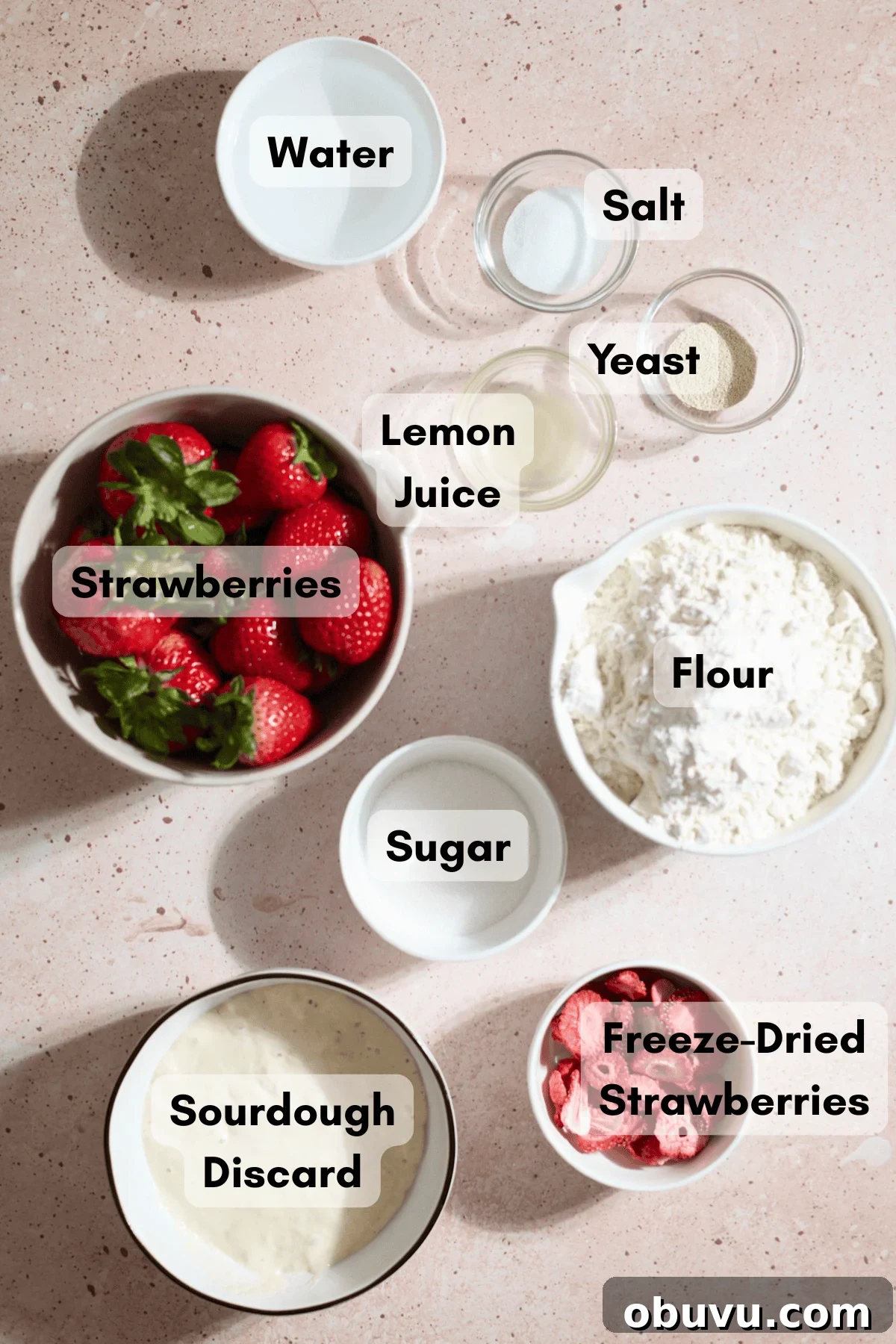 Strawberry Sourdough Discard Bagels: Soft, Tangy & Fresh 3 Ingredients for Sourdough Discard Strawberry Bagels in small bowls.