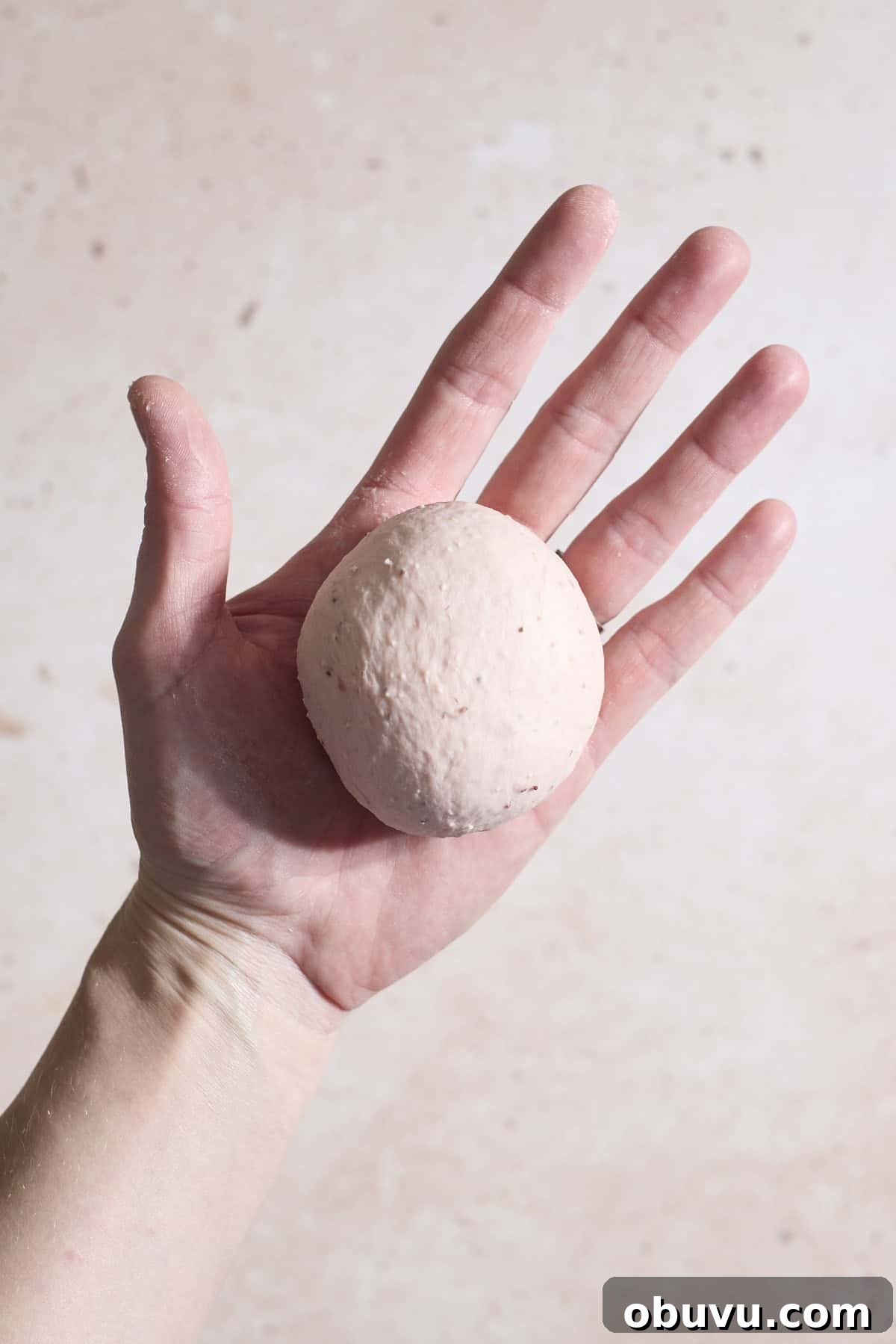 Strawberry Sourdough Discard Bagels: Soft, Tangy & Fresh 8 Dough shaped into a ball in the palm of a hand.