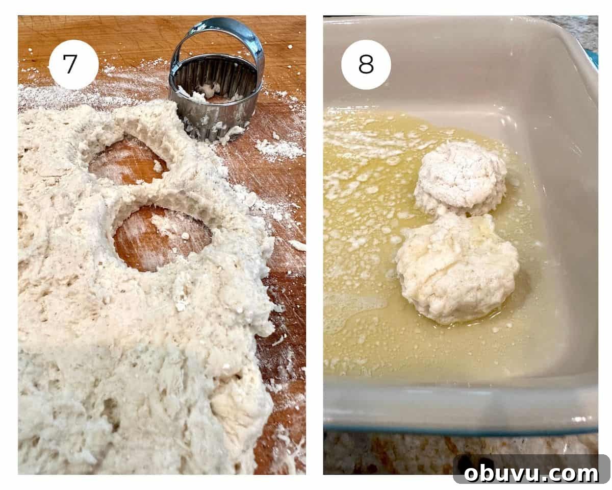 Flaky Buttermilk Biscuits Recipe for Perfect Homemade Biscuits 5 Dough cut into shapes, then placed in melted butter in a baking dish.