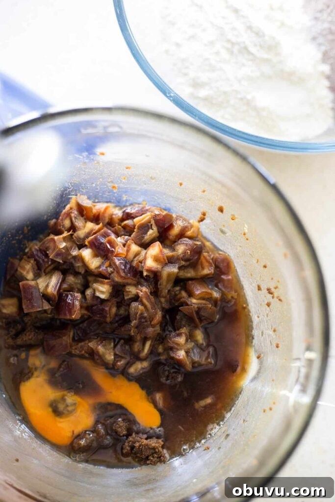 process shot of Sticky Date Cake. Ingredients in a bowl.