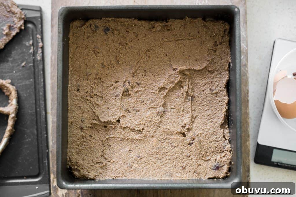 Sticky Date Cake in a baking tin before it goes into the oven