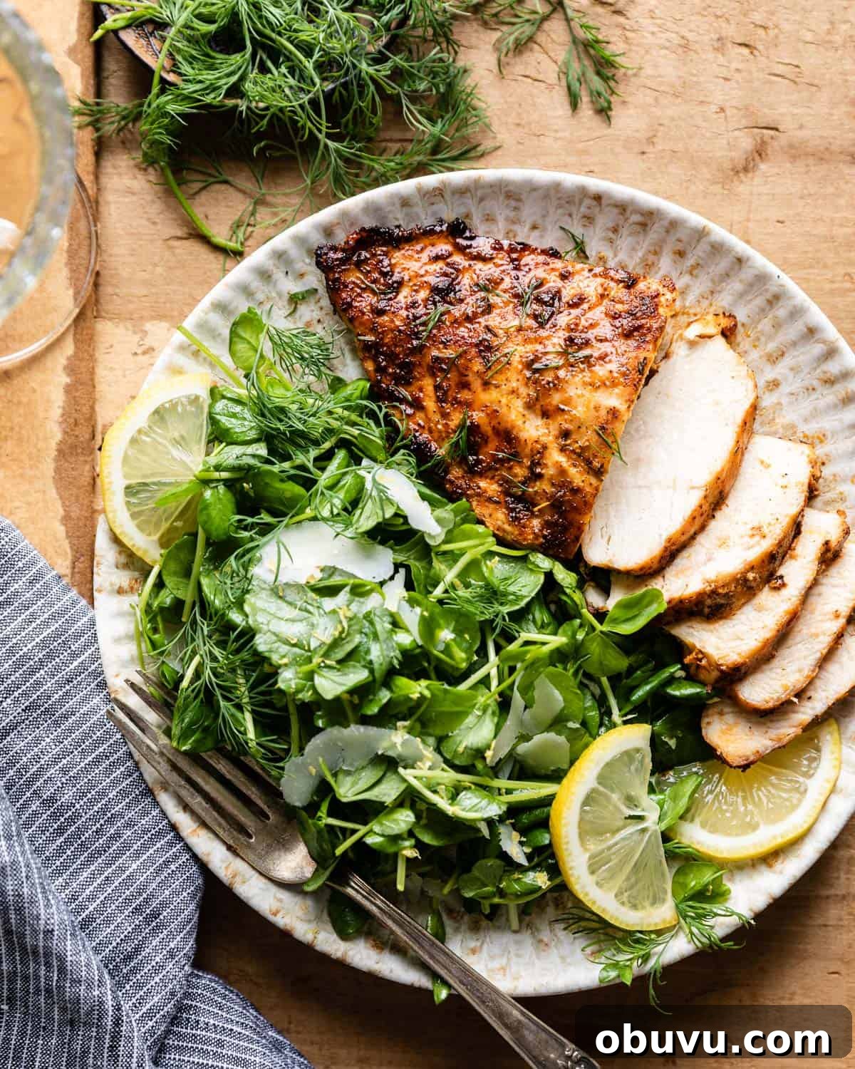 Air Fryer Boneless Skinless Frozen Chicken Breasts — Quick Juicy Results 2 Overhead image of air fryer frozen chicken breasts with side salad.