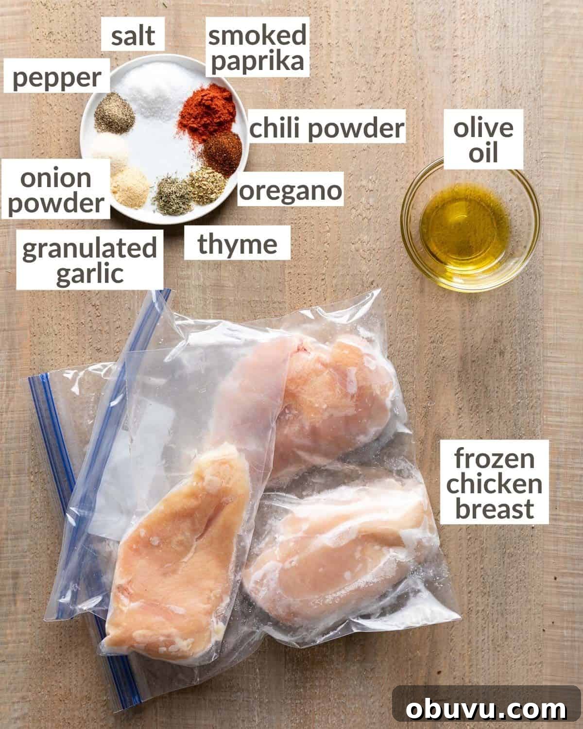 Air Fryer Boneless Skinless Frozen Chicken Breasts — Quick Juicy Results 3 Overhead image of ingredients needed to make air fryer frozen chicken breasts.