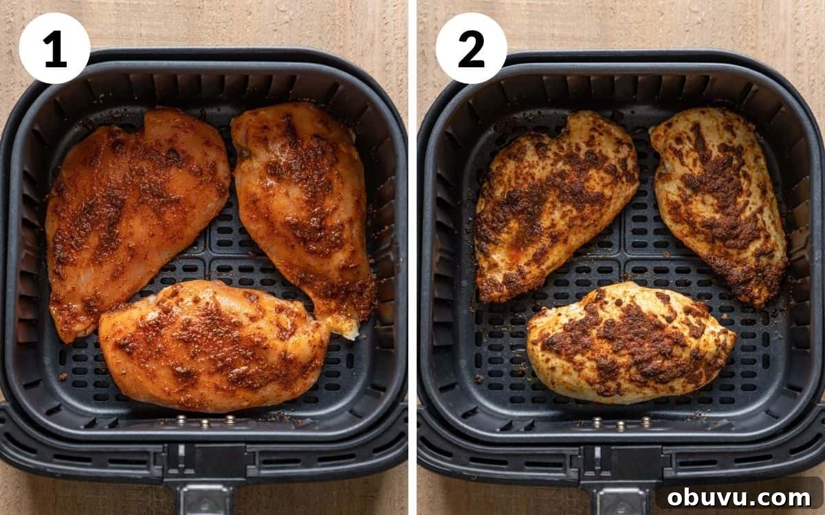 Air Fryer Boneless Skinless Frozen Chicken Breasts — Quick Juicy Results 4 A two photo collage showing the beginning steps of air fryer frozen chicken breasts.