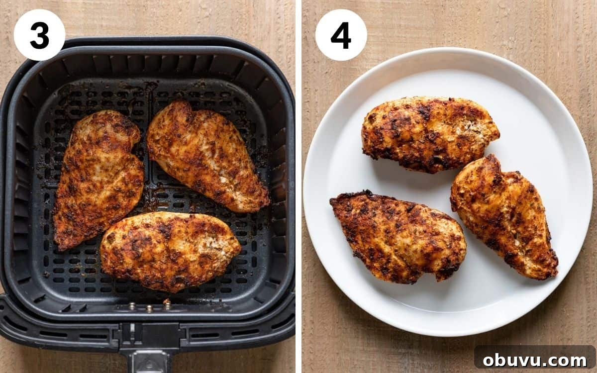 Air Fryer Boneless Skinless Frozen Chicken Breasts — Quick Juicy Results 5 A two photo collage showing the final steps for air fryer frozen chicken breasts.