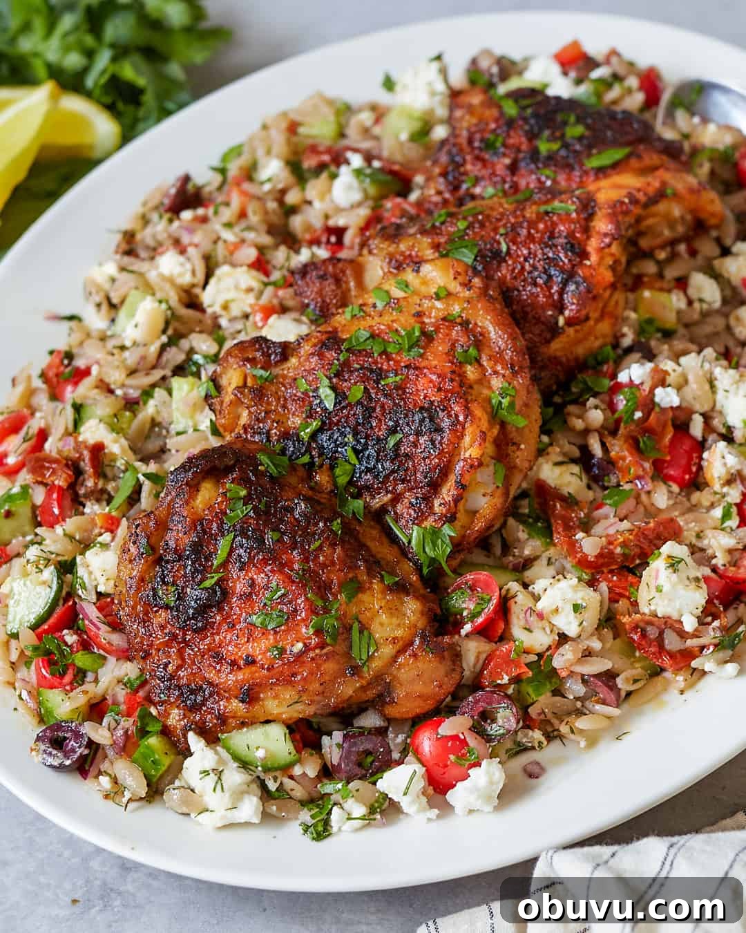 Mediterranean Orzo Salad with Pan-Roasted Chicken Thighs — Paleo & Gluten-Free 5 Mediterranean Orzo Salad with Pan-Roasted Chicken Thighs Primal Gourmet