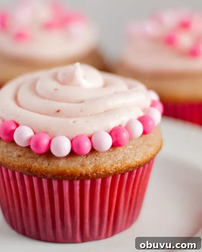 Double Berry Cupcakes Recipe with Fresh Strawberry and Blueberry Frosting 5 Double Berry Cupcakes - both the cupcakes and frosting are made with a mixture of raspberry and strawberry puree! | honeyandbirch.com