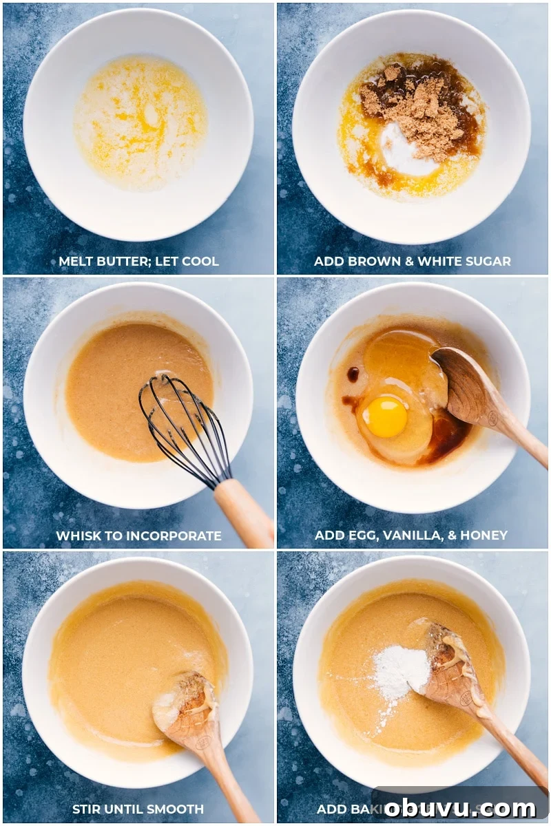 How To Make This Funfetti Cookie Recipe The butter being melted, sugars being added and mixed together and egg, vanilla, and honey being added and mixed together, and finally the baking agents being added