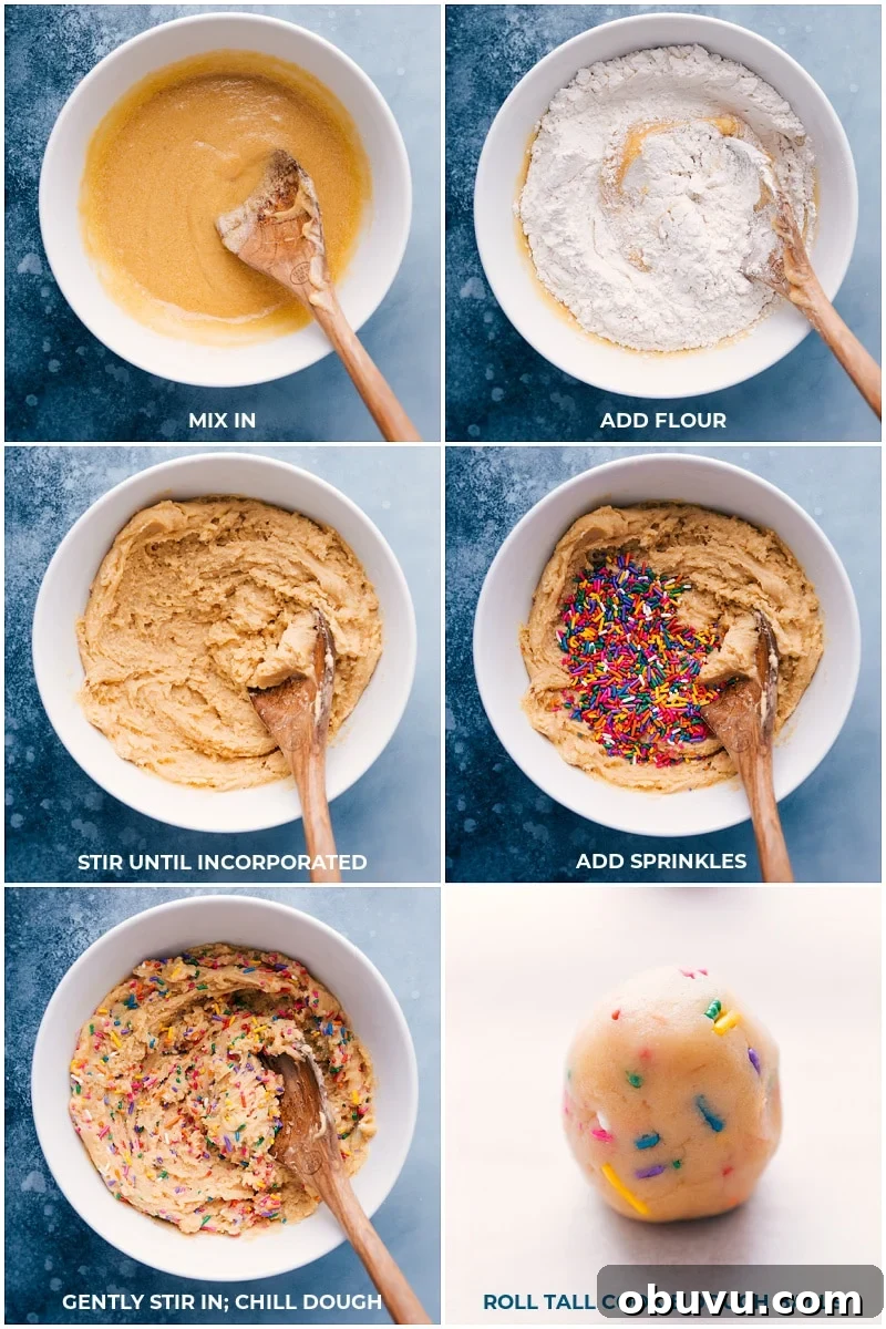 Adding Sprinkles To The Dough And Rolling Out Balls Flour and sprinkles being mixed into dough and rolled into balls to chill for this Funfetti Cookie Recipe.