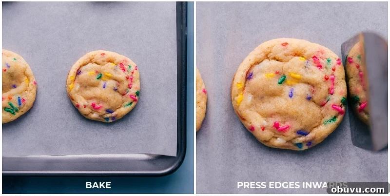 Baking Up Fresh Funfetti Cookies Pressing the cookie edges inward immediately after coming out of the oven.