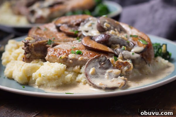 Garlic Butter Mushroom Pork Chops Without Canned Soup 4 Cream of mushroom pork chops over cheesy cauliflower puree.