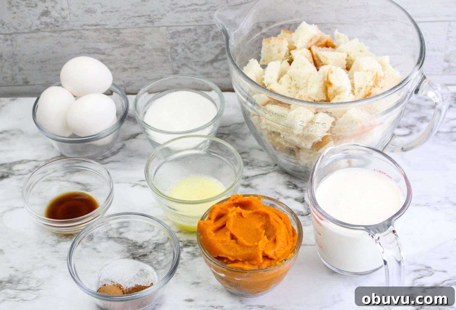Instant Pot Pumpkin Bread Pudding with Air Fryer Crisp Option 3 Ingredients: eggs, sugar, salt, French bread cubes, vanilla, butter, heavy cream, pumpkin, spices.