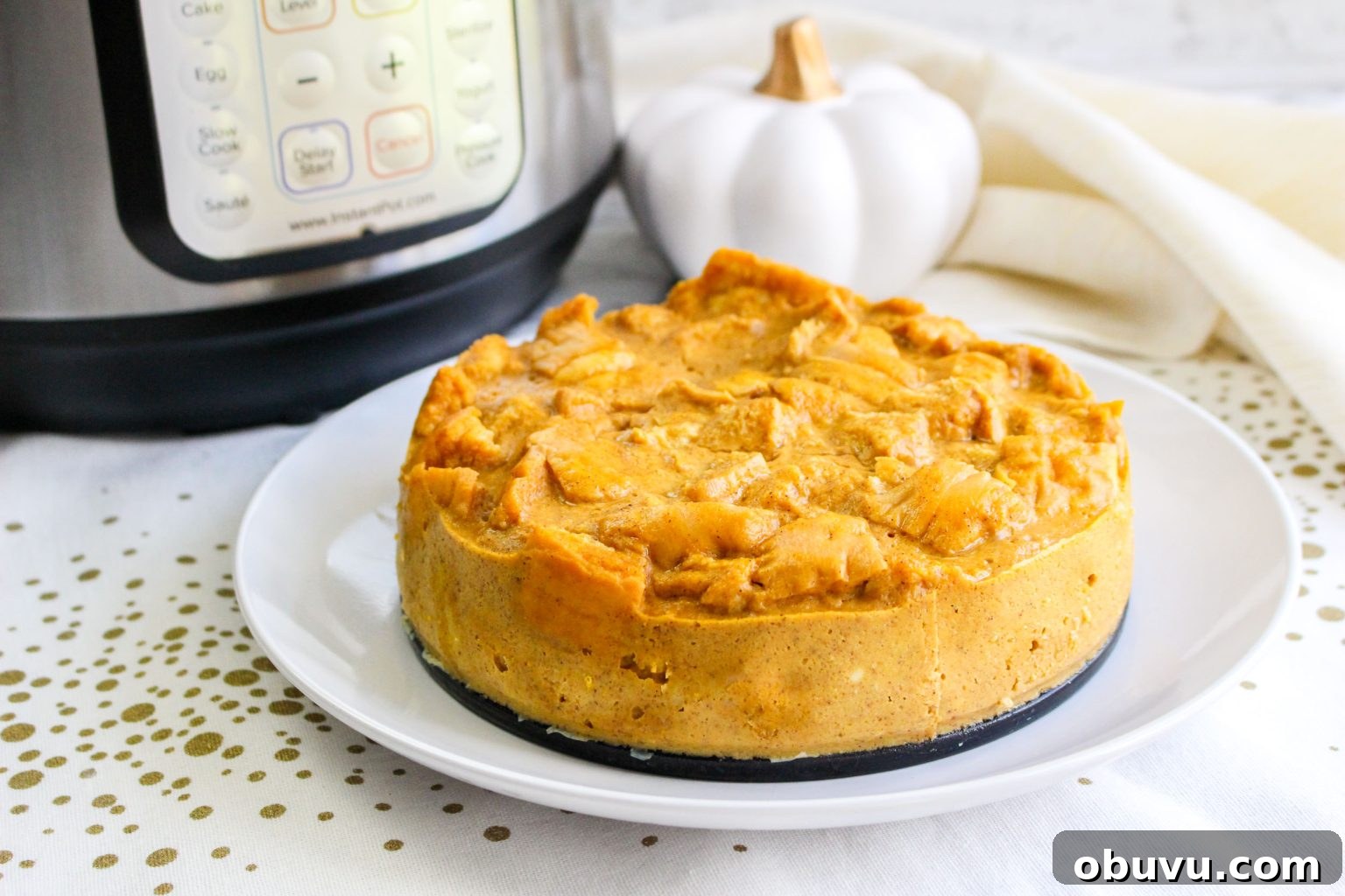 Instant Pot Pumpkin Bread Pudding with Air Fryer Crisp Option 9 A pumpkin bread pudding dessert that's been removed from a springform pan - Hostess At Heart