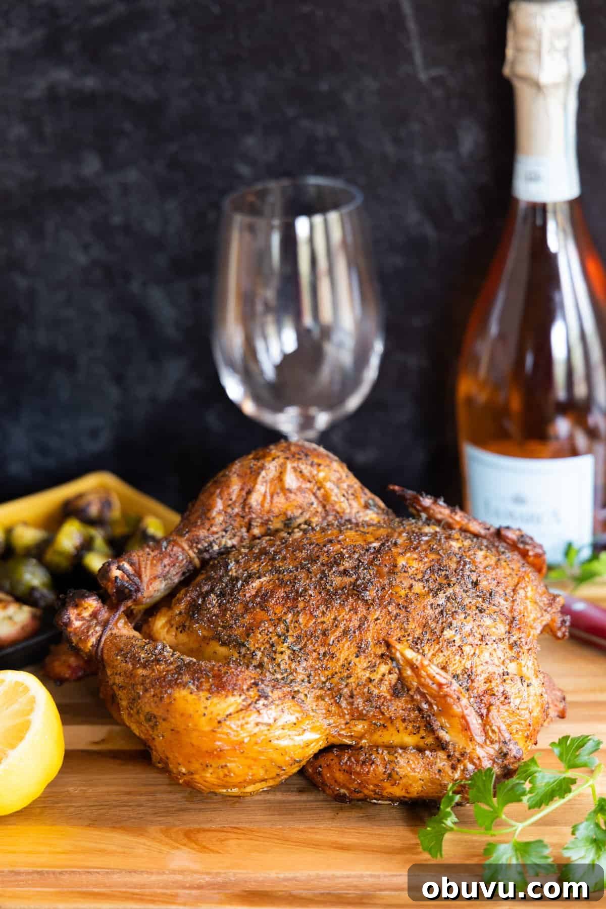 Smoked Whole Chicken Recipe: Juicy, Crispy Skin and Flavorful Smoke 2 Smoked chicken on cutting board with lemons and parsley with wine bottle and glass in background