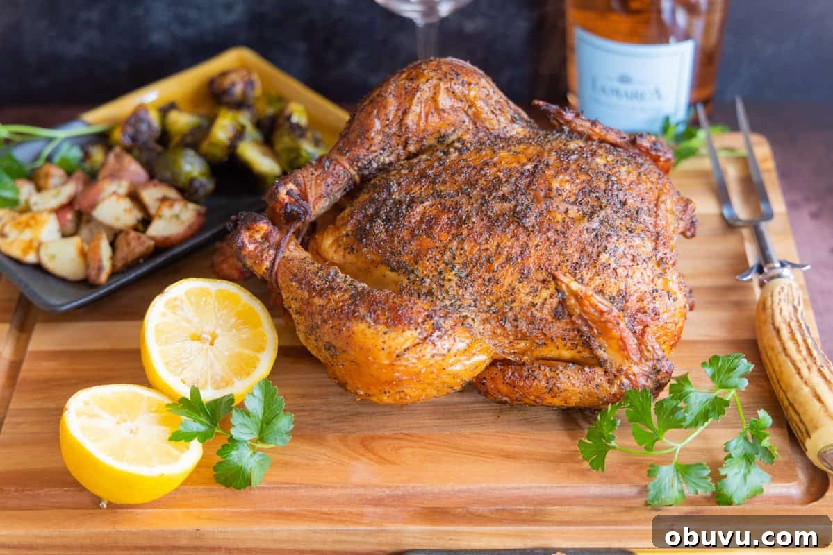 Smoked Whole Chicken Recipe: Juicy, Crispy Skin and Flavorful Smoke 10 Smoked whole chicken on cutting board with lemons. Potatoes and brussel sprouts in background.