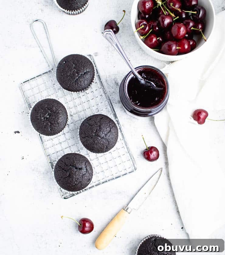 chocolate cupcakes on a cooling rack.
