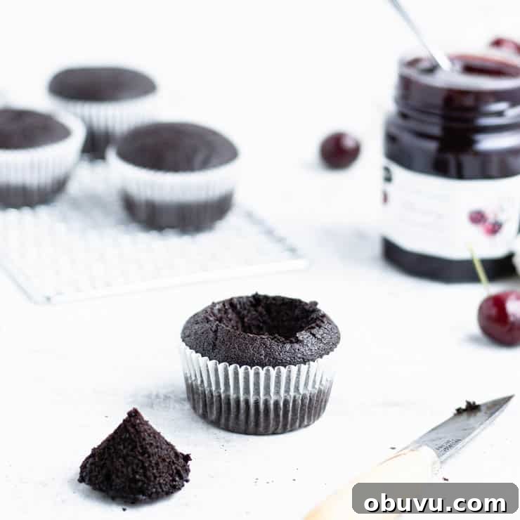 chocolate cupcake with the center cut out.