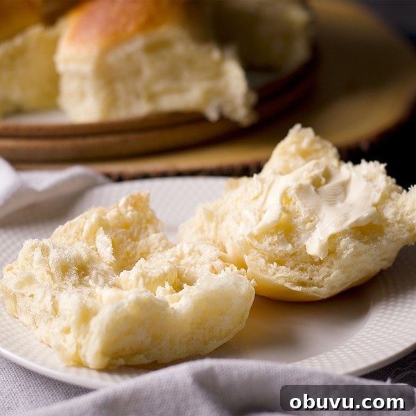 A homemade dinner roll on a plate, split in half and spread with butter.