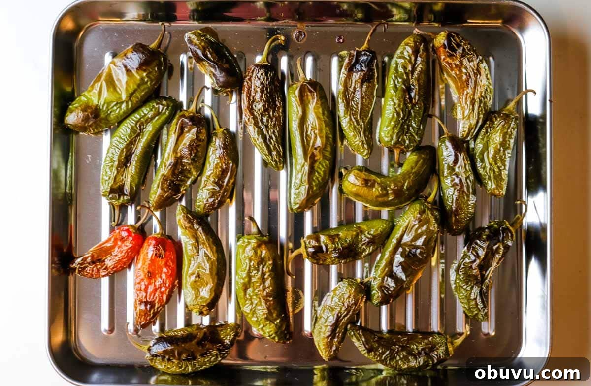 Charred Jalapeños: How to Roast and Use Smoky Peppers 12 Roasted peppers on a small baking sheet.