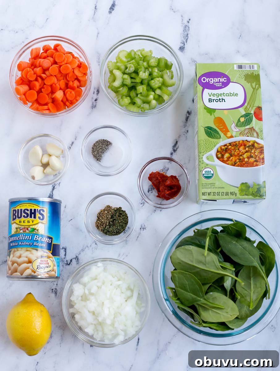 Authentic Tuscan White Bean Soup Recipe for Cozy Weeknights 3 Top shot of ingredients needed to make Tuscan white bean soup.