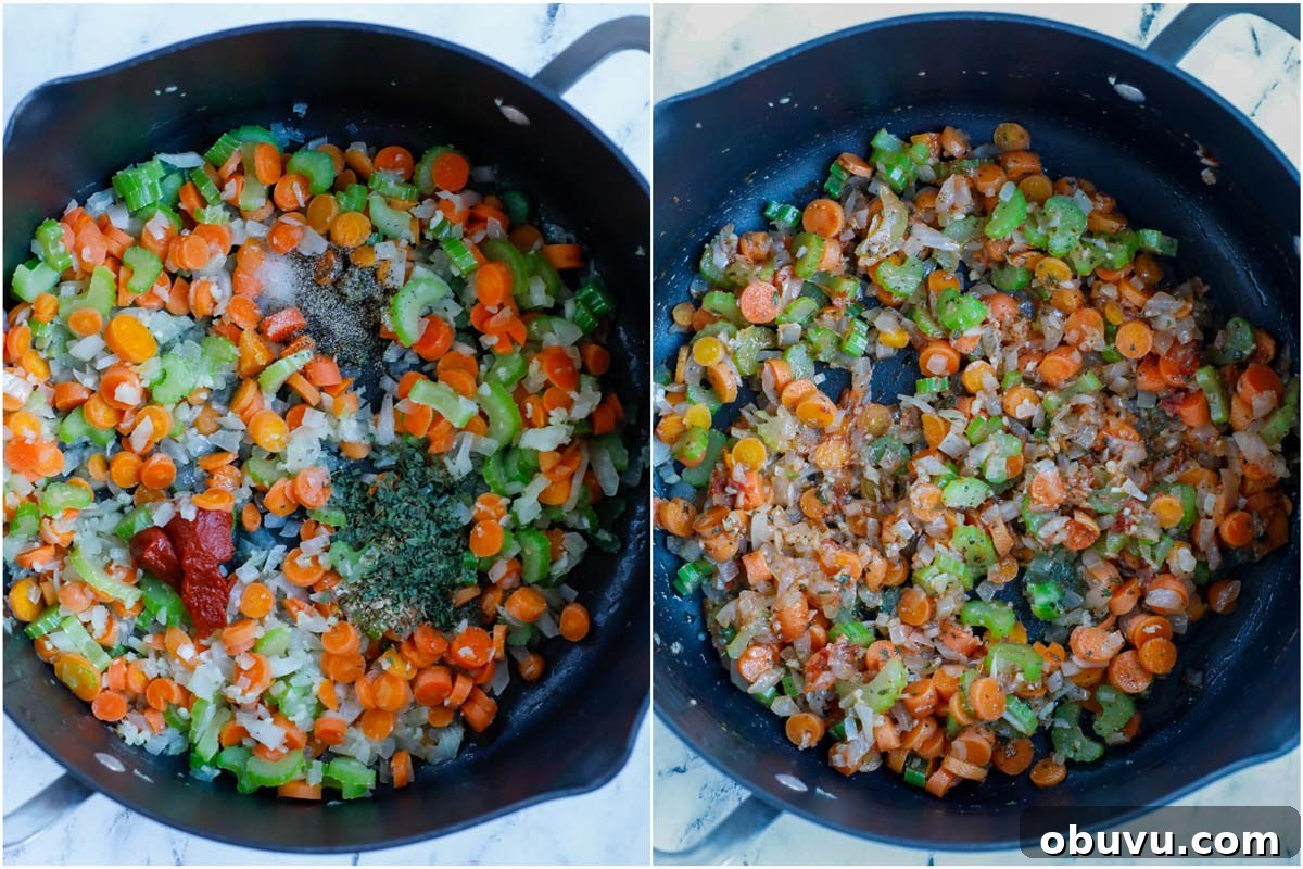 Authentic Tuscan White Bean Soup Recipe for Cozy Weeknights 5 Set of two photos showing spices added to vegetables and mixed.