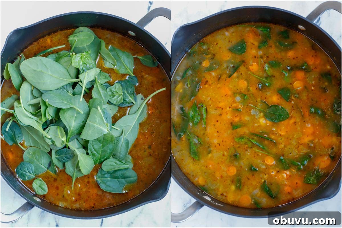 Authentic Tuscan White Bean Soup Recipe for Cozy Weeknights 7 Set of two photos showing spinach being added into a soup and then stirred.