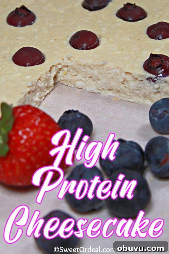 High-Protein Cheesecake Recipe for Muscle Gain and Low-Carb Diets 2 High Protein Cheesecake is made with cottage cheese, Greek yogurt, eggs, and protein powder for over 14 grams of protein per slice.