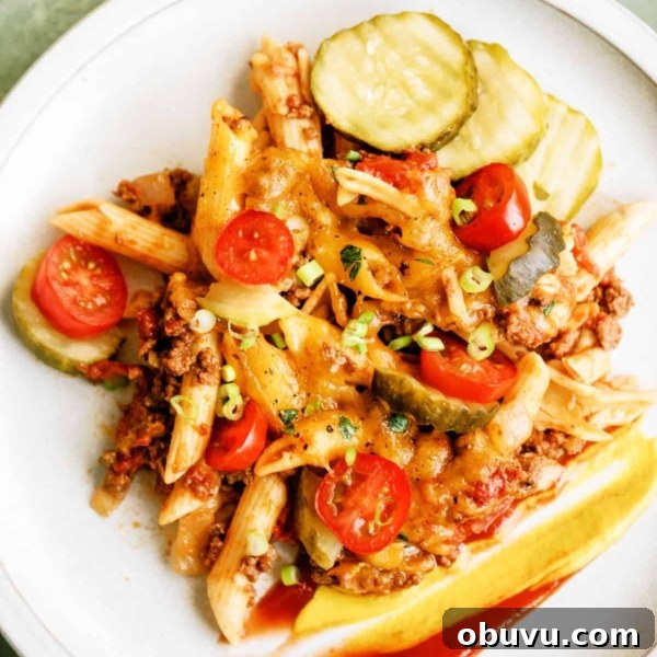 A serving of Easy Cheeseburger Casserole on a plate