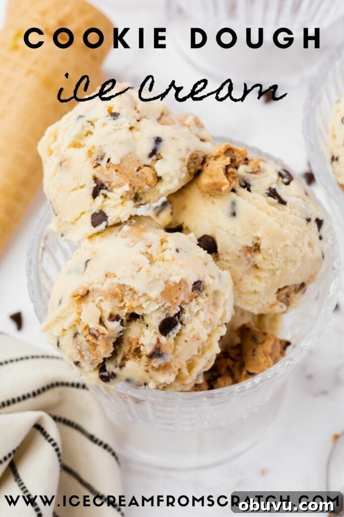 scoops of cookie dough ice cream stacked into a bowl. Text overlay on image says, cookie dough ice cream in decorative script.