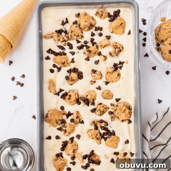 a loaf pan viewed from above, filled with homemade cookie dough ice cream with chocolate chips.