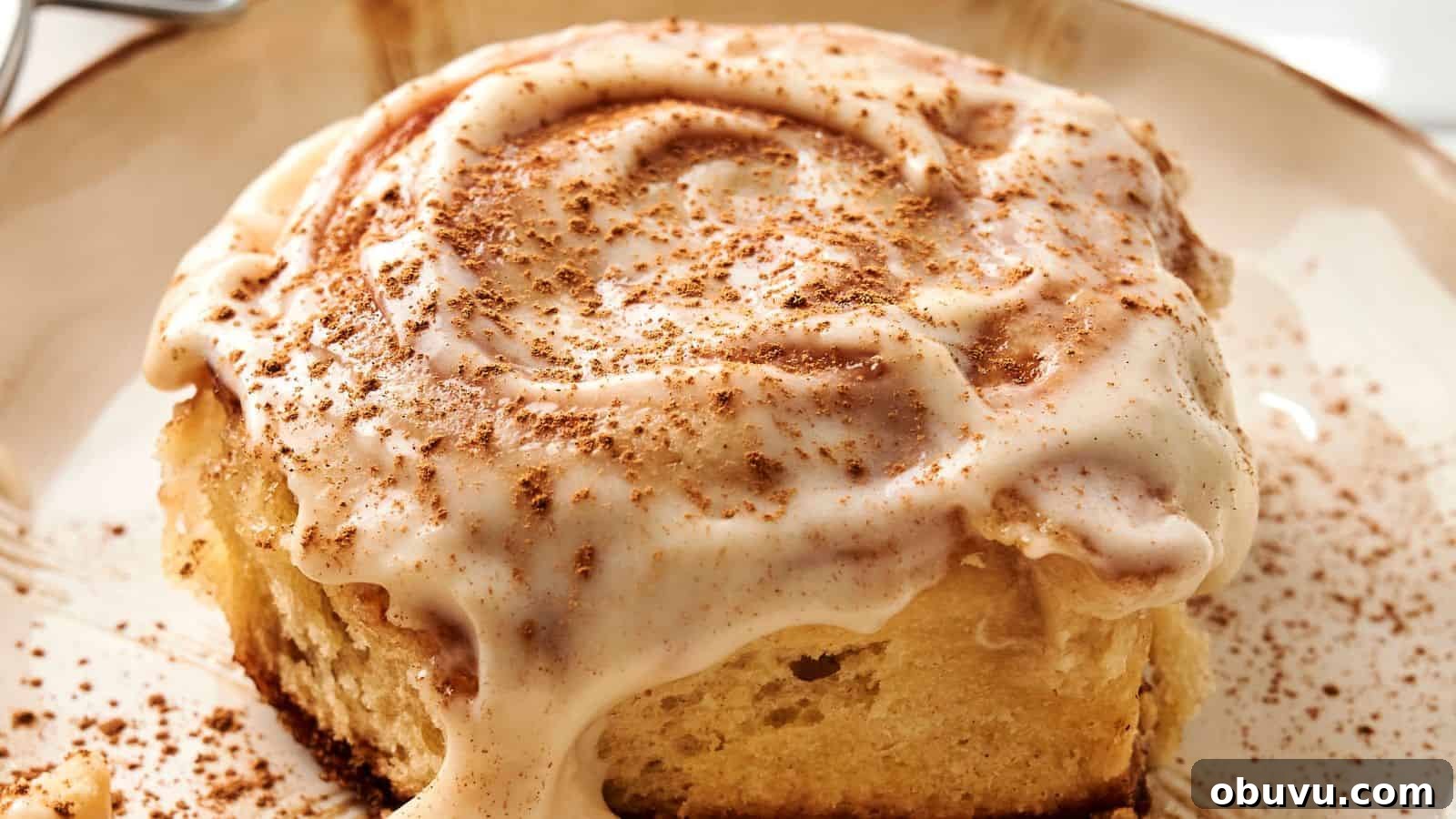 A close-up of a sourdough cinnamon roll topped with creamy icing and a sprinkle of cinnamon on a plate.