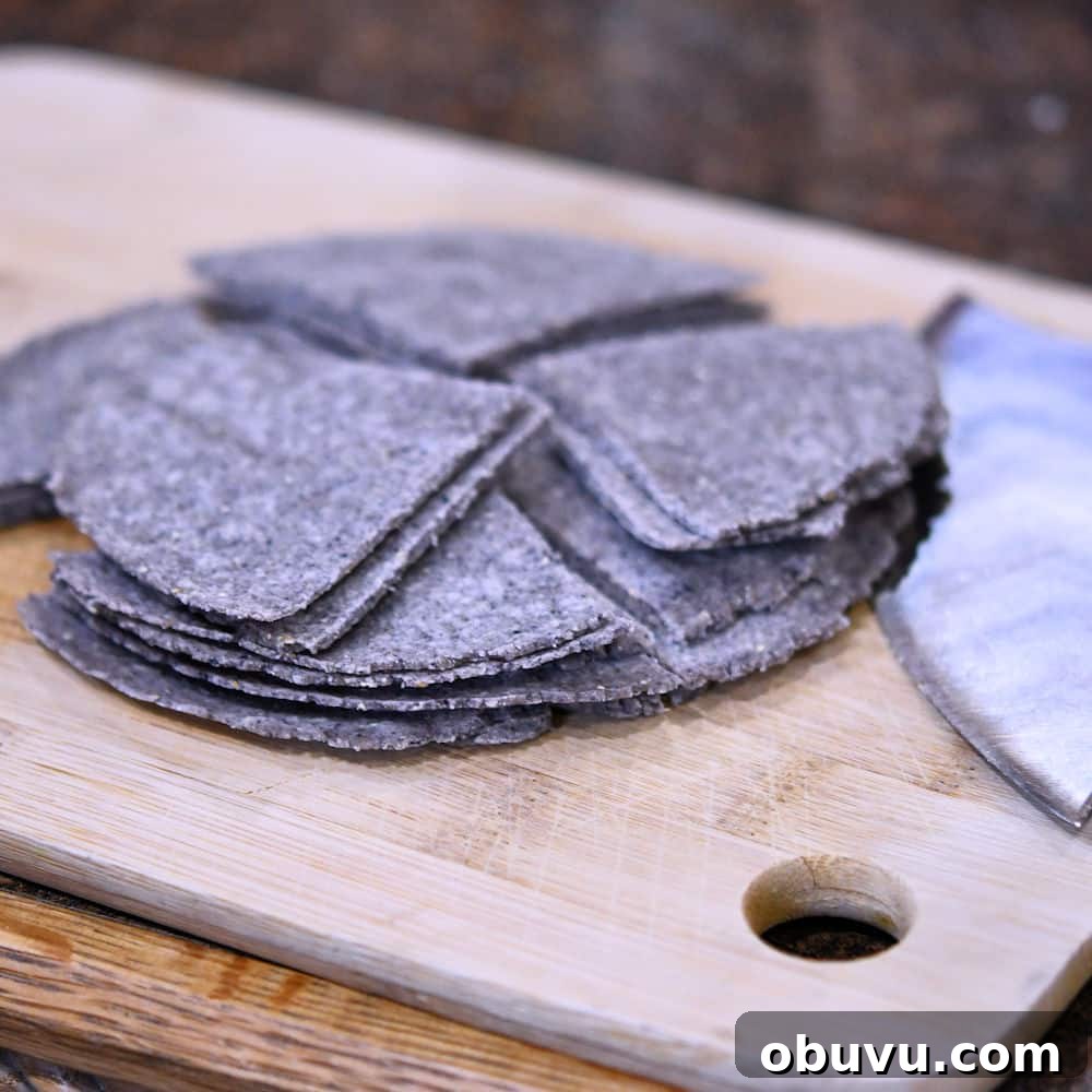 fresh blue corn tortillas cut into triangles to make chips