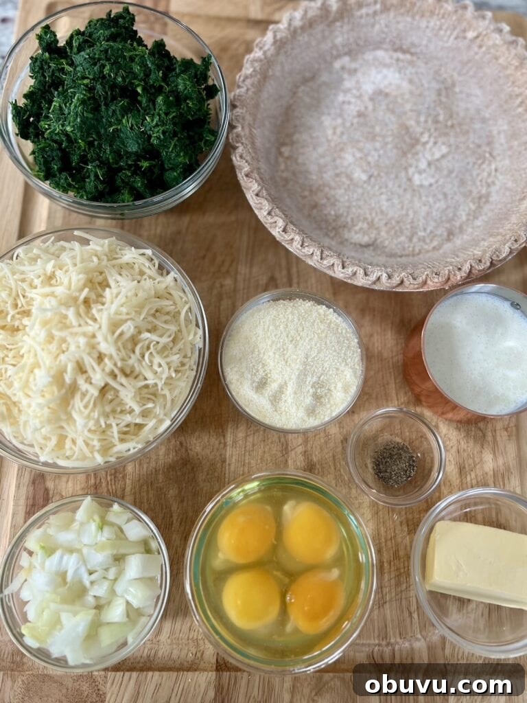 Spinach and Swiss Quiche with Frozen Pie Crust 6 All ingredients for the swiss cheese and spinach quiche recipe on cutting board.