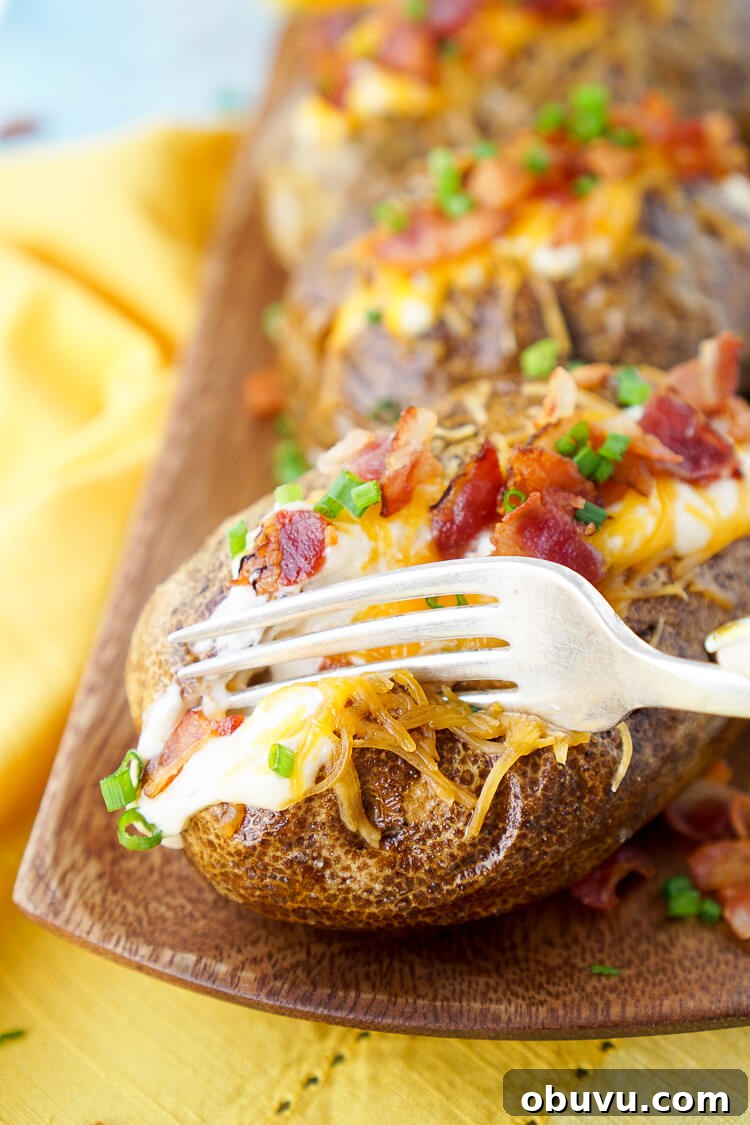 These are the Best Ever Baked Potatoes, they're perfectly seasoned and loaded up with a creamy dressing, cheddar cheese, bacon, and chives!
