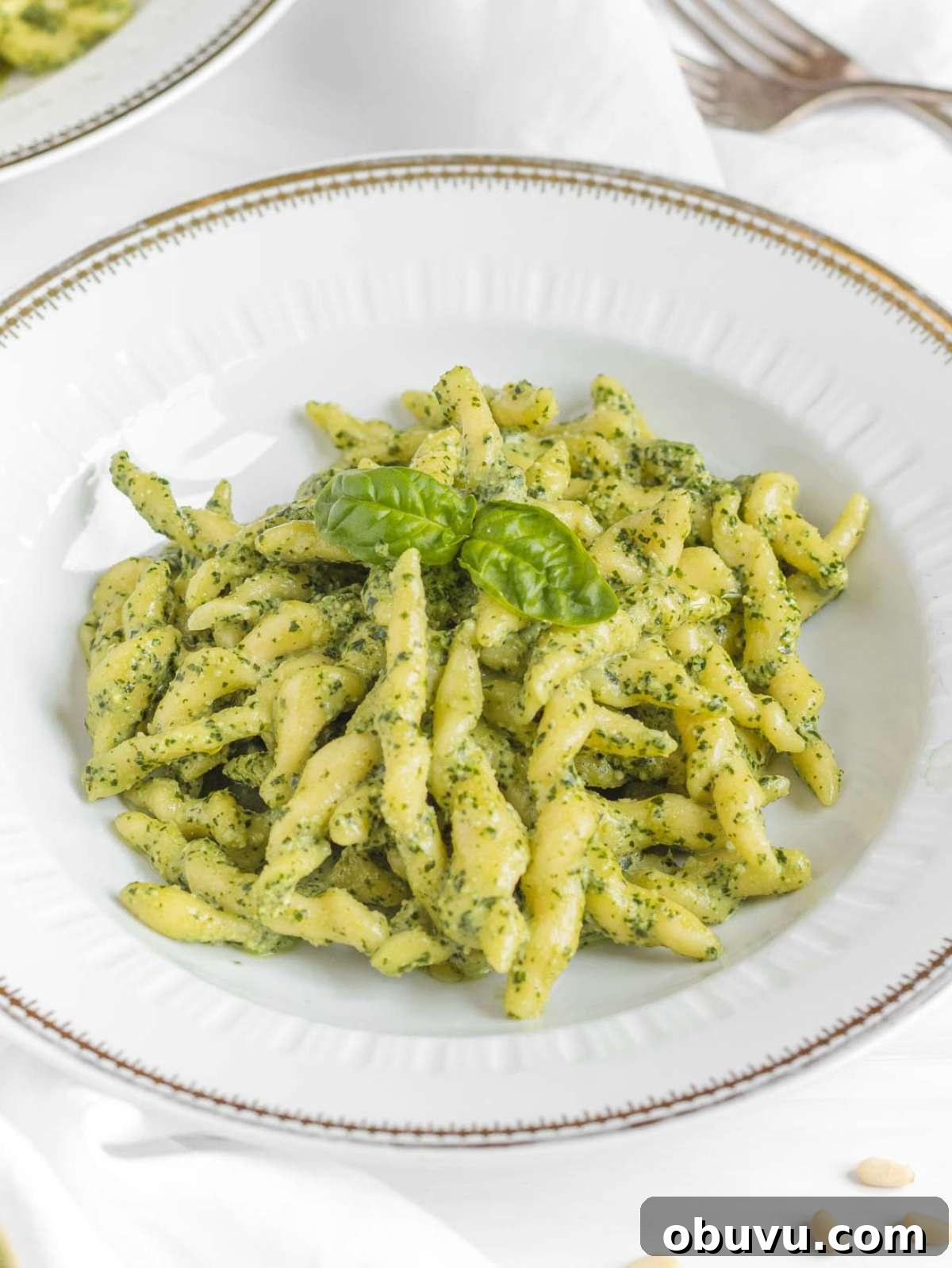Handmade Trofie Pasta Recipe: Authentic Ligurian Method 2 Homemade trofie pasta served with pesto alla Genovese on a white plate.